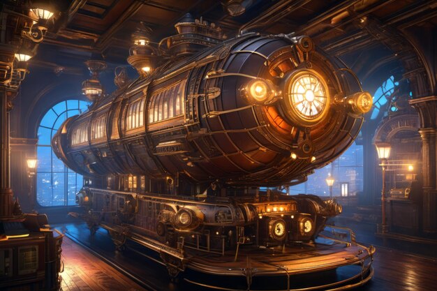 Steampunk airship prototype or battery with intricate mechanism inside futuristic research lab