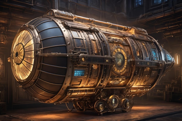 Photo steampunk airship prototype or battery with intricate mechanism inside futuristic research lab