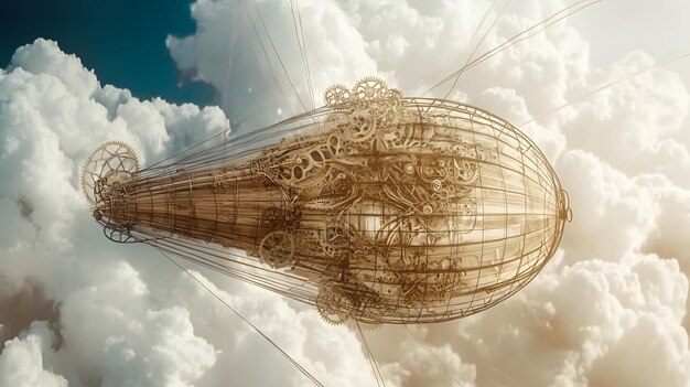 Photo a steampunk airship soaring through the clouds with gears and pipes