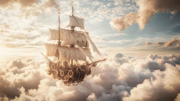 A steampunk airship soaring through the clouds with gears and pipes