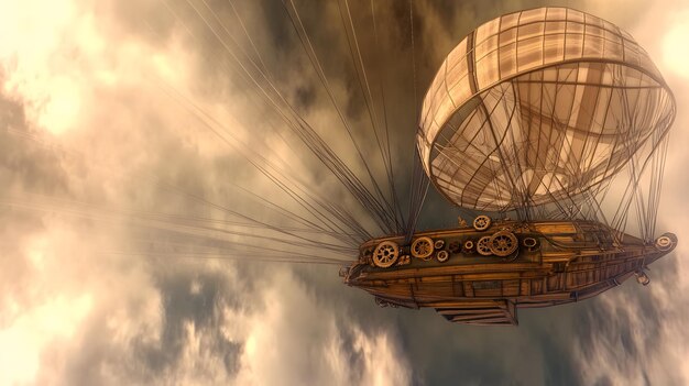 Photo a steampunk airship soaring through the clouds with gears and pipes