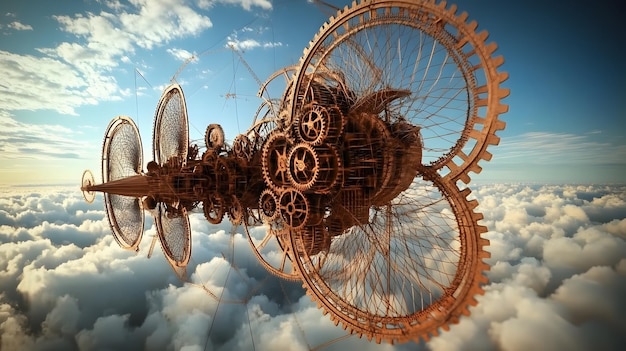 A steampunk airship soaring through the clouds with gears and pipes