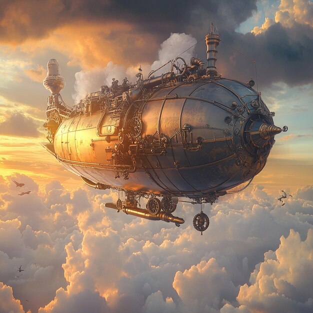 Photo steampunk airship soaring through the clouds