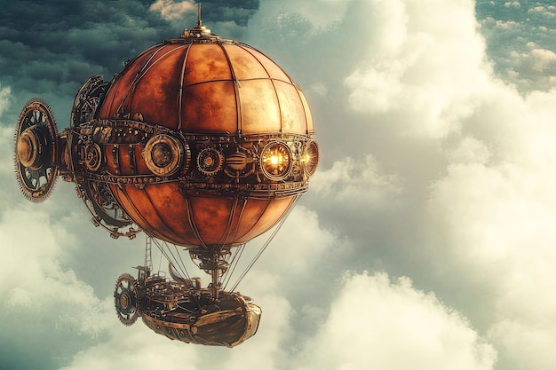 Photo a steampunk airship soaring through fluffy clouds showcasing intricate mechanical design