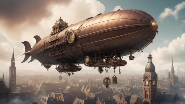 Photo a steampunk airship soars over a city casting a shadow of innovation