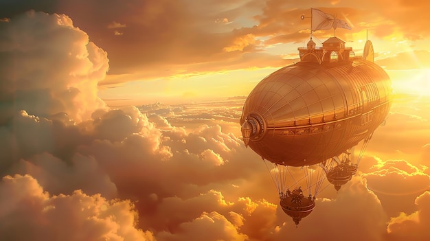 Photo a steampunk airship soars through a breathtaking sunset sky