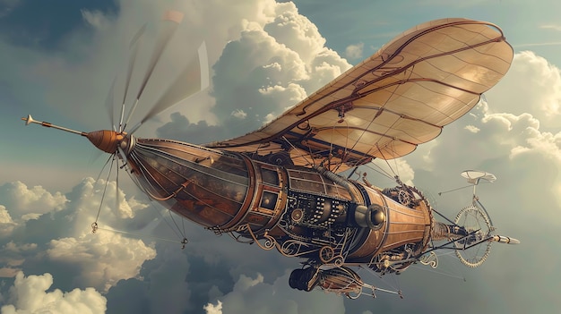 Photo a steampunk airship soars through the clouds showcasing intricate gears polished brass and a retrofuturistic design