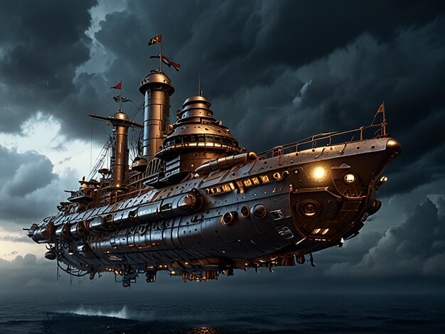 Steampunk Battleship in the Sky Surrounded by Escort Vessels and Dirigibles Against Stormy Clouds