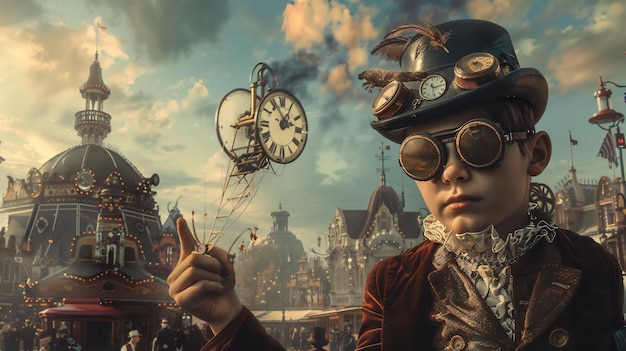 Photo steampunk boy in a fantastical setting