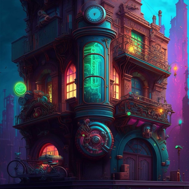 Steampunk building with a clock on the front