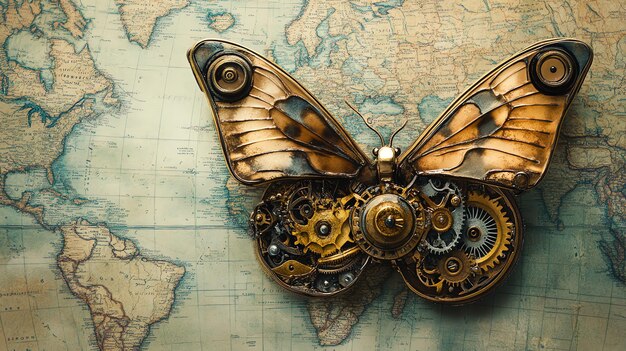 Photo a steampunk butterfly with intricate gears rests on an old world map