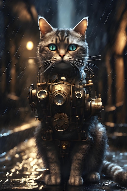 Photo steampunk cat on a rainy night