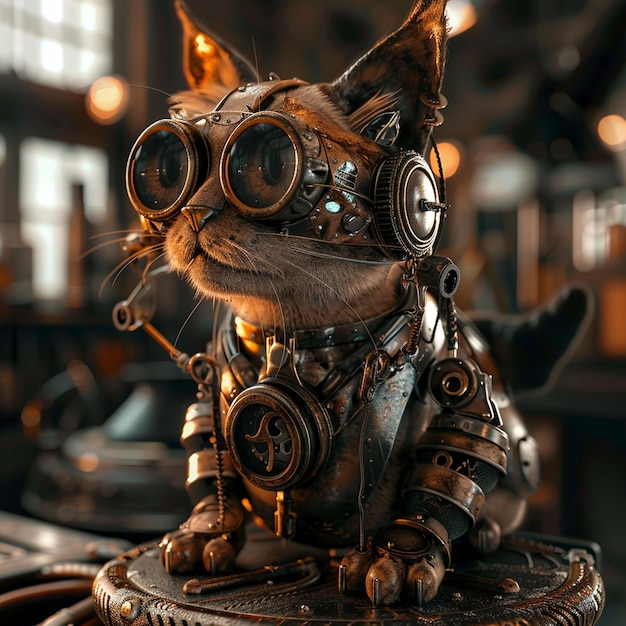 Photo a steampunk cat with a blend of tech and nature