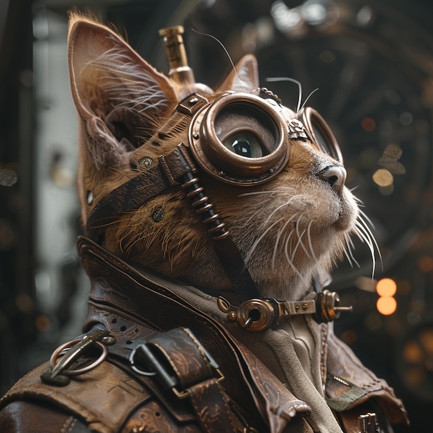 Photo a steampunk cat with a blend of tech and nature