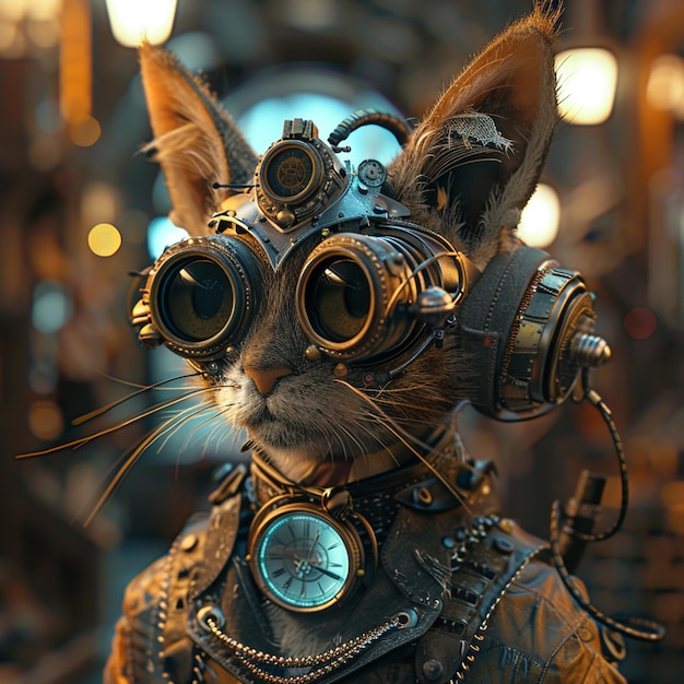 A Steampunk Cat with a Blend of Tech and Nature