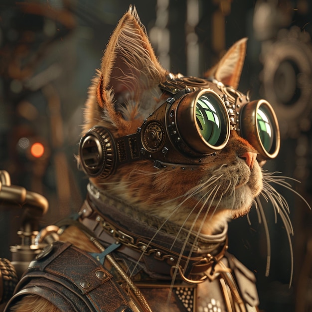 Photo a steampunk cat with a blend of tech and nature