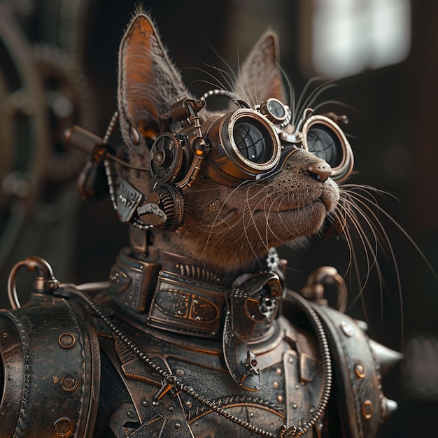 Photo a steampunk cat with a blend of tech and nature