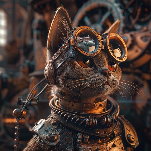 Photo a steampunk cat with a blend of tech and nature