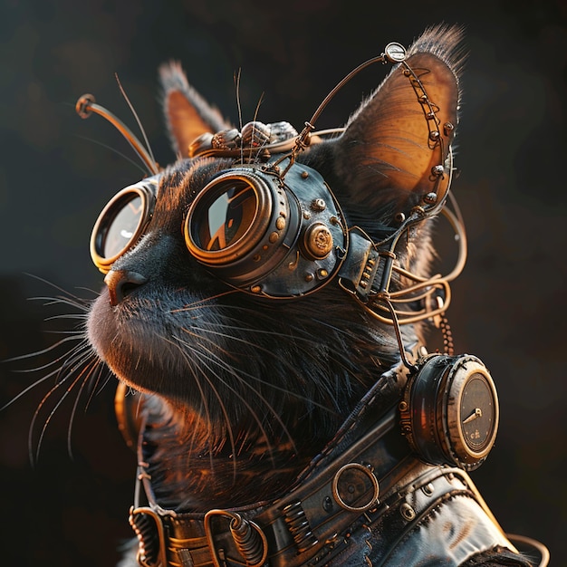 Photo a steampunk cat with a blend of tech and nature