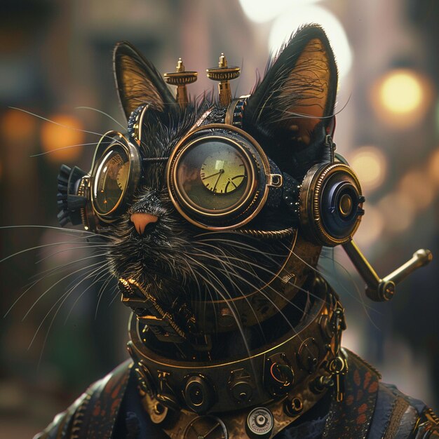 Photo a steampunk cat with a blend of tech and nature