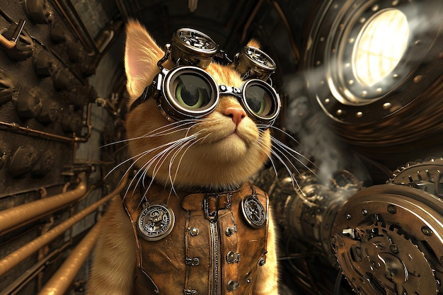 Photo steampunk cat with goggles in industrial setting