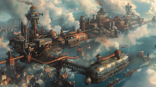 A steampunk city in the sky with airships and factories