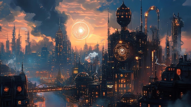 Steampunk city skyline at sunset with a glowing orb in the sky