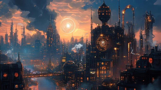 Photo steampunk city skyline at sunset with a glowing orb in the sky