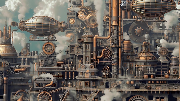 A steampunk city with airships and factories