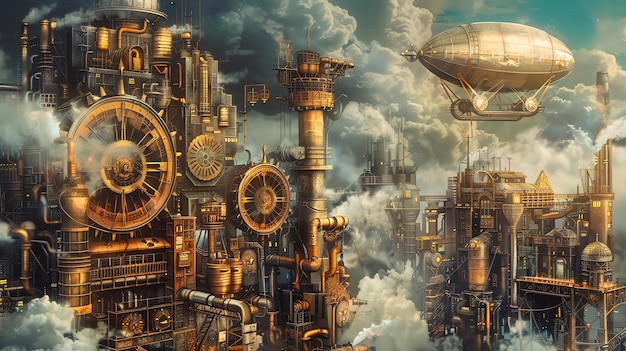 A steampunk city with airships flying overhead The city is full of tall buildings and factories and the air is thick with smoke