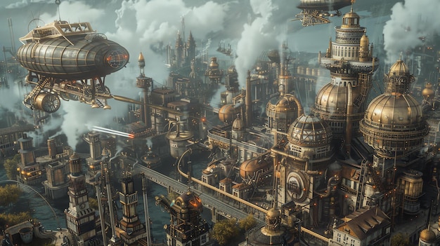 A steampunk city with airships flying overhead