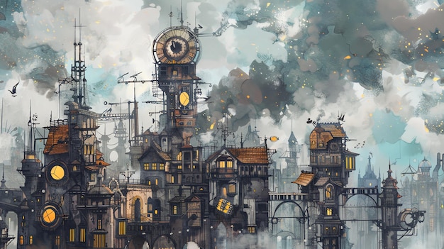 A steampunk city with a clock tower