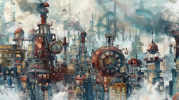 A steampunk cityscape with a cloudy sky filled with gears pipes and clockwork