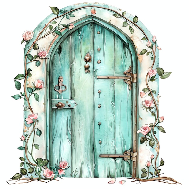 steampunk clipart of beautiful doorin pale turquoise and with pink rosebuds cool futuristic and