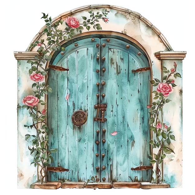 steampunk clipart of beautiful doorin pale turquoise and with pink rosebuds cool futuristic and