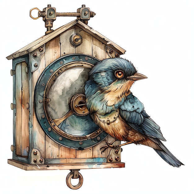 steampunk clipart of bird in birdhouse cool futuristic and old