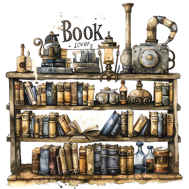 steampunk clipart of Bookshelf with books arranged by color cool futuristic and old