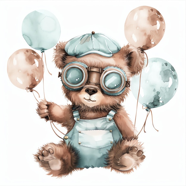 steampunk clipart of cartoon bear wearing a cap and goggles floating with balloons in brown and and