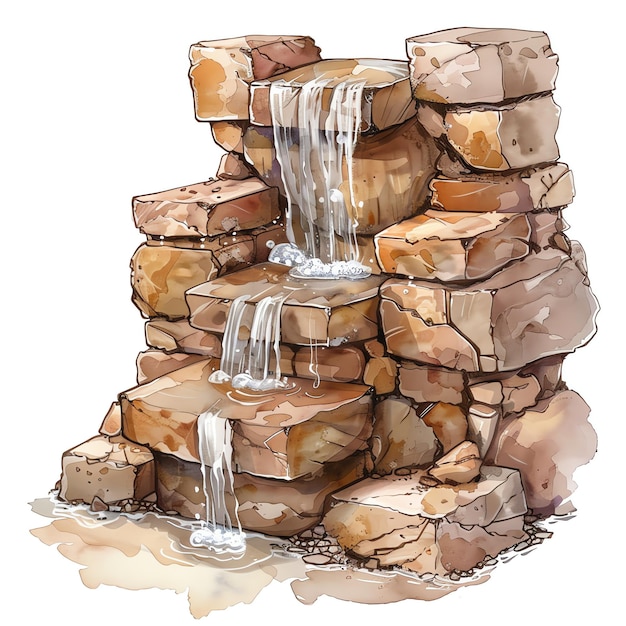 steampunk clipart of cascading fountain crafted from light brown stone cool futuristic and