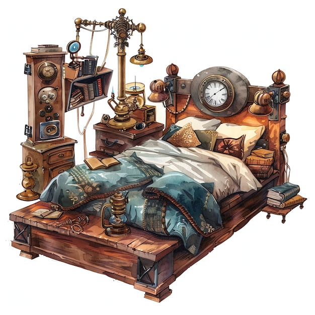 steampunk clipart of comfort bedroom interior cool futuristic and old