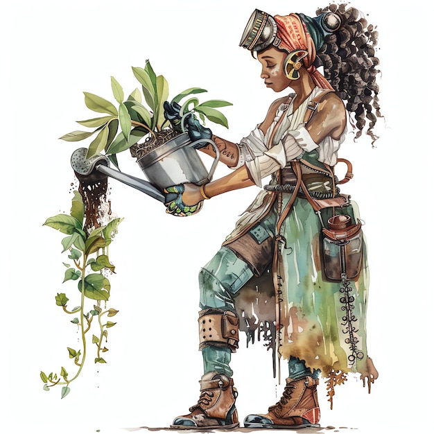 steampunk clipart of full body beautiful black woman watering a houseplant cool futuristic and