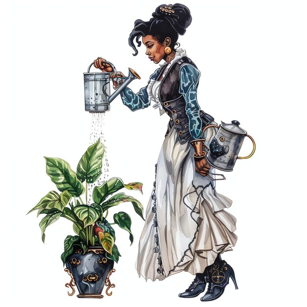 steampunk clipart of full body beautiful black woman watering a houseplant cool futuristic and