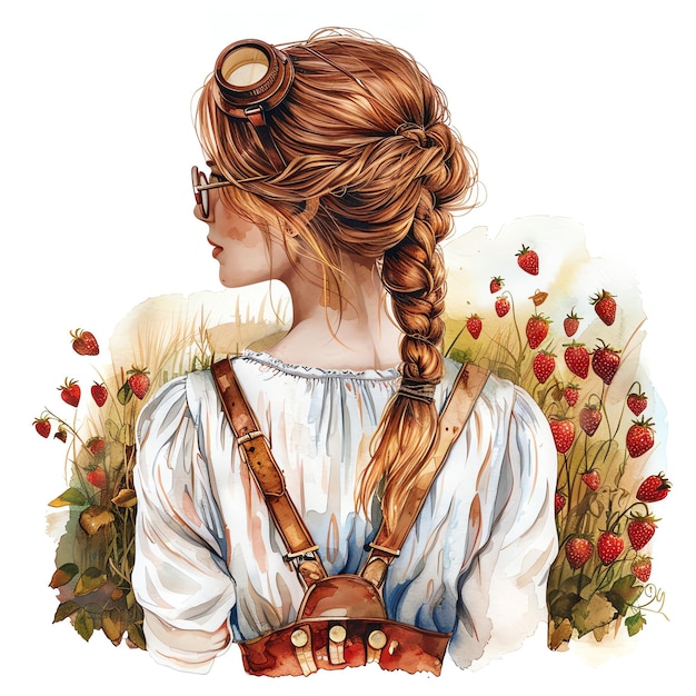 steampunk clipart of girl near Strawberry Fields back view cool futuristic and old