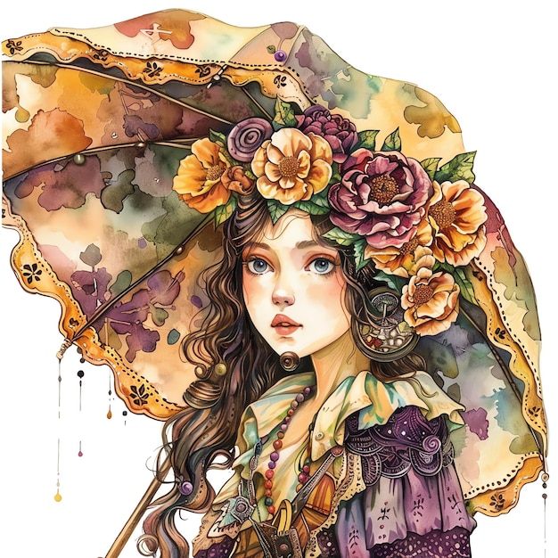 steampunk clipart of girl under an umbrella painted with flowers cool futuristic and