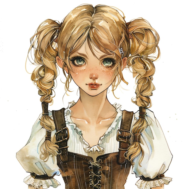 steampunk clipart of girl with blond hair with pigtails wearing peasant dress with white blouse and