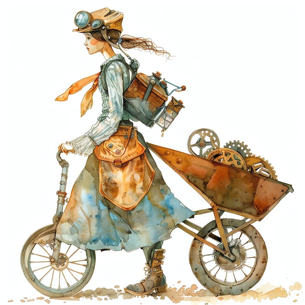 steampunk clipart of girl with wheelbarrow cool futuristic and old