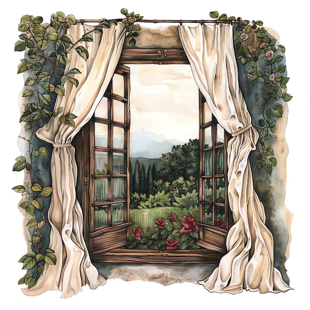 steampunk clipart of open window with flowing white curtains and a view of a rose garden cool and