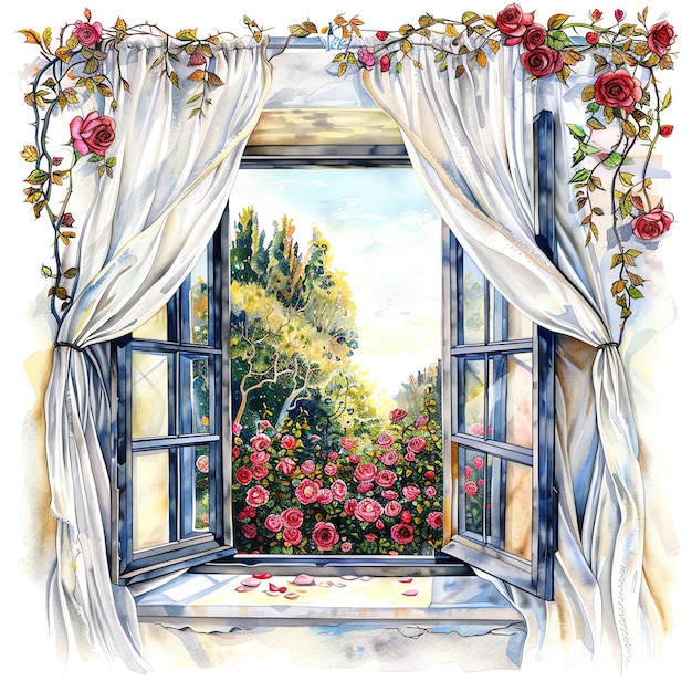 steampunk clipart of open window with flowing white curtains and a view of a rose garden cool and