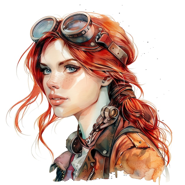 steampunk clipart of red hair girl cool futuristic and old