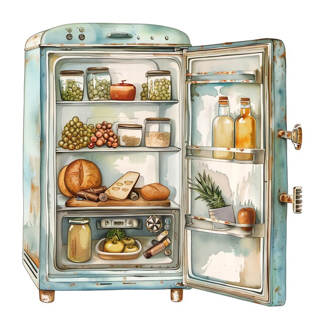 Photo steampunk clipart of retro country kitchen fridge with food refrigerator shabby chic style cool